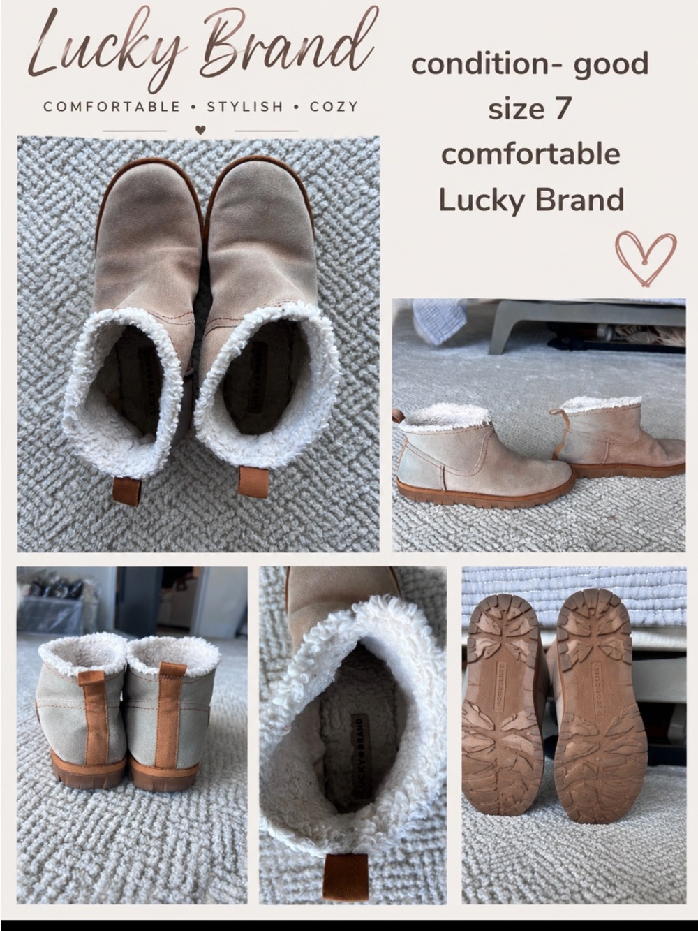Lucky Brand Tan Suede Ankle Booties with Cream Sherpa Trim